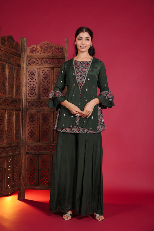 Sap Green Chinnon Top With Palazzo And Jacket