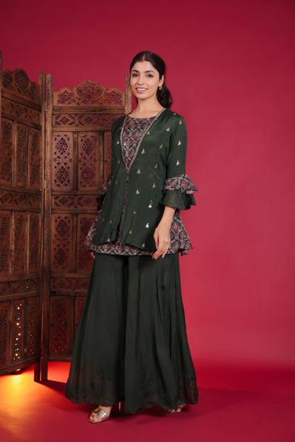 Sap Green Chinnon Top With Palazzo And Jacket