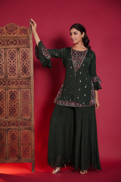 Sap Green Chinnon Top With Palazzo And Jacket