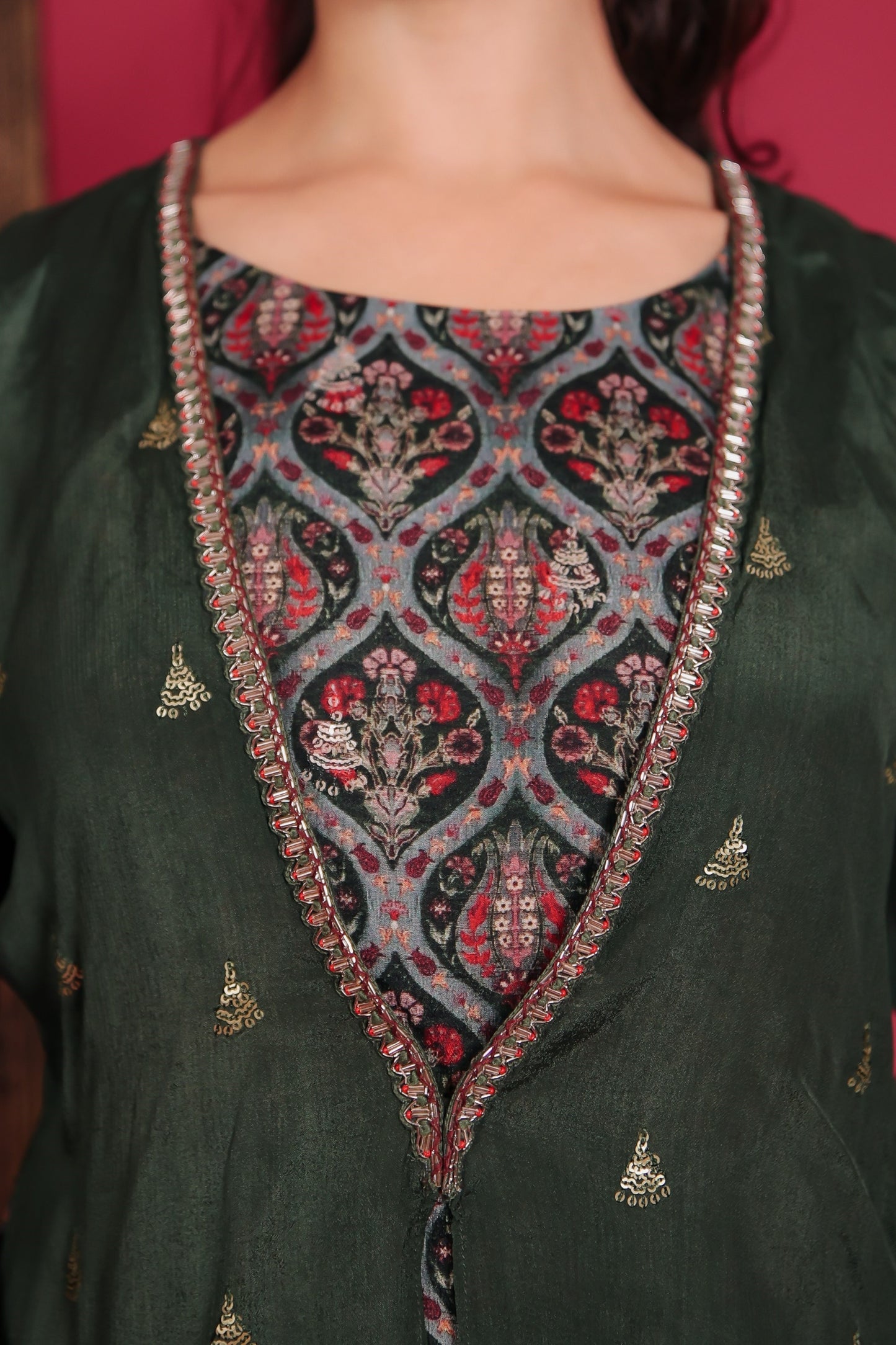 Sap Green Chinnon Top With Palazzo And Jacket
