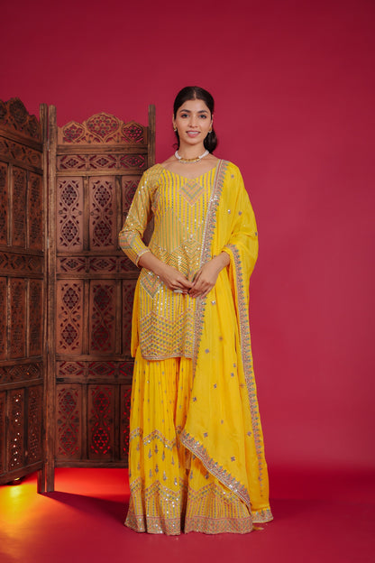 Yellow Chinnon Rashem And Sequion Embellished Kurta With Sharara And Dupatta