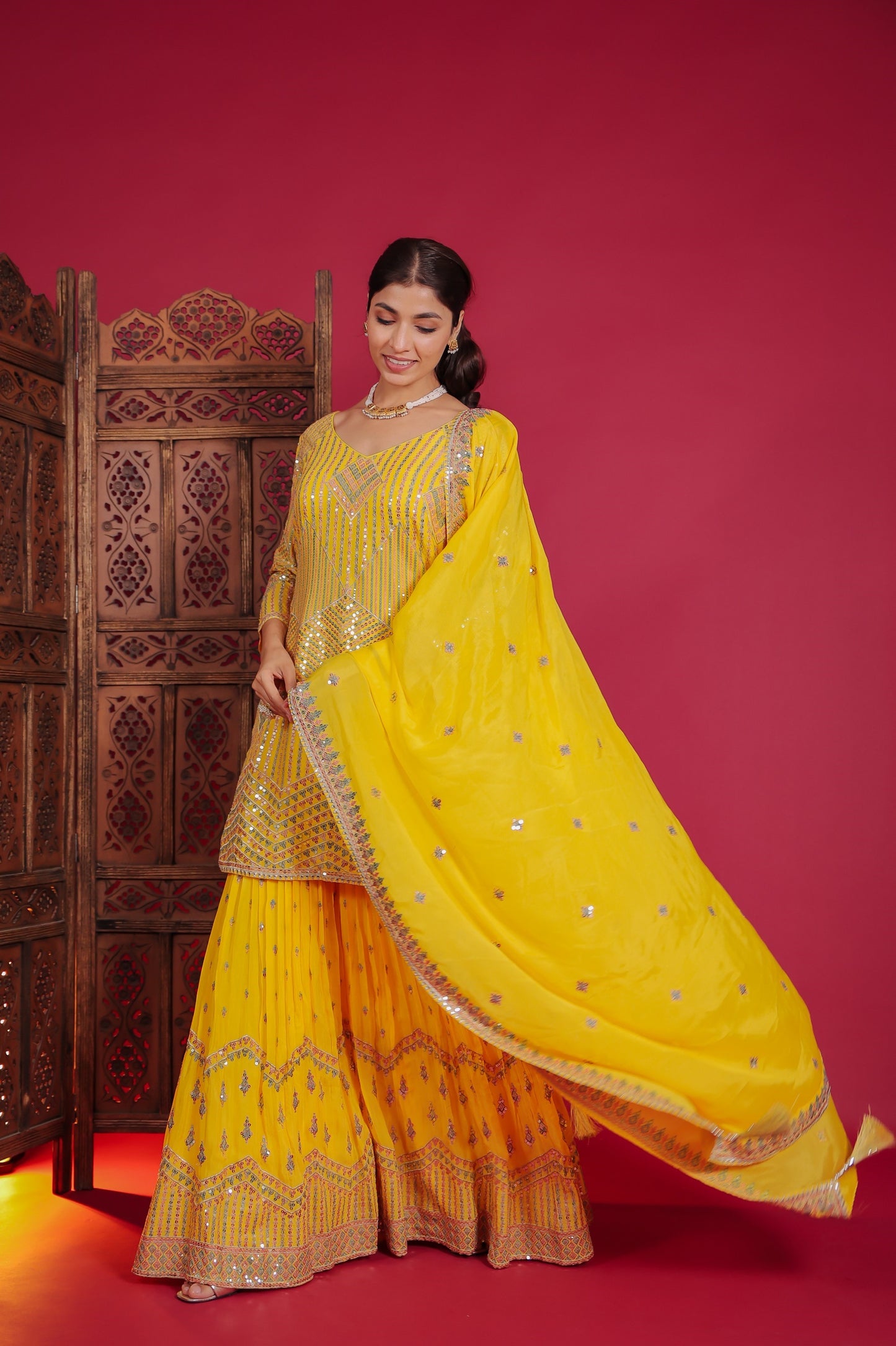 Yellow Chinnon Rashem And Sequion Embellished Kurta With Sharara And Dupatta