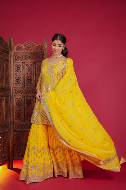 Yellow Chinnon Rashem And Sequion Embellished Kurta With Sharara And Dupatta
