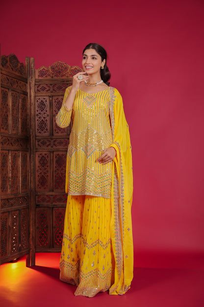 Yellow Chinnon Rashem And Sequion Embellished Kurta With Sharara And Dupatta