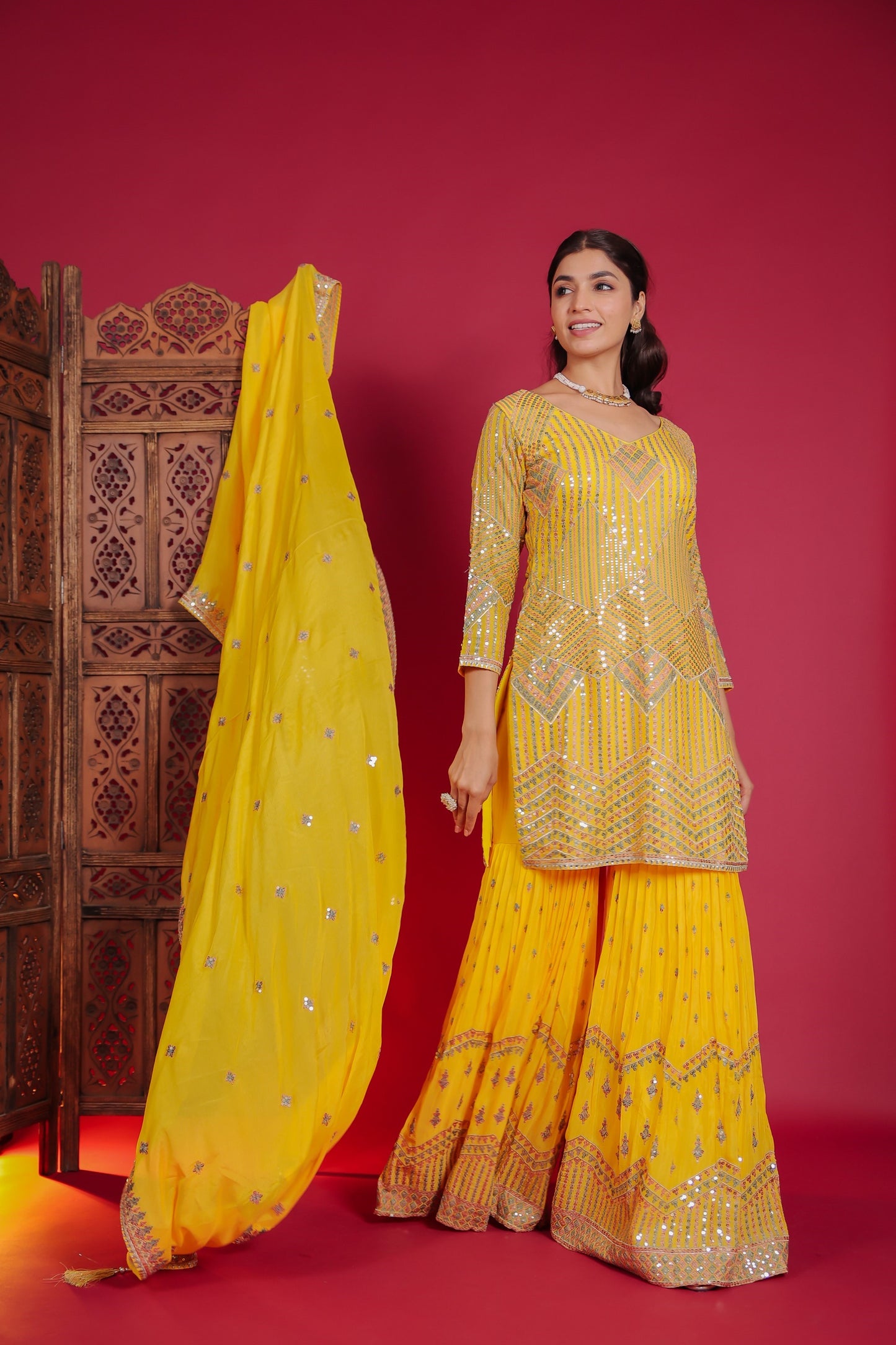 Yellow Chinnon Rashem And Sequion Embellished Kurta With Sharara And Dupatta
