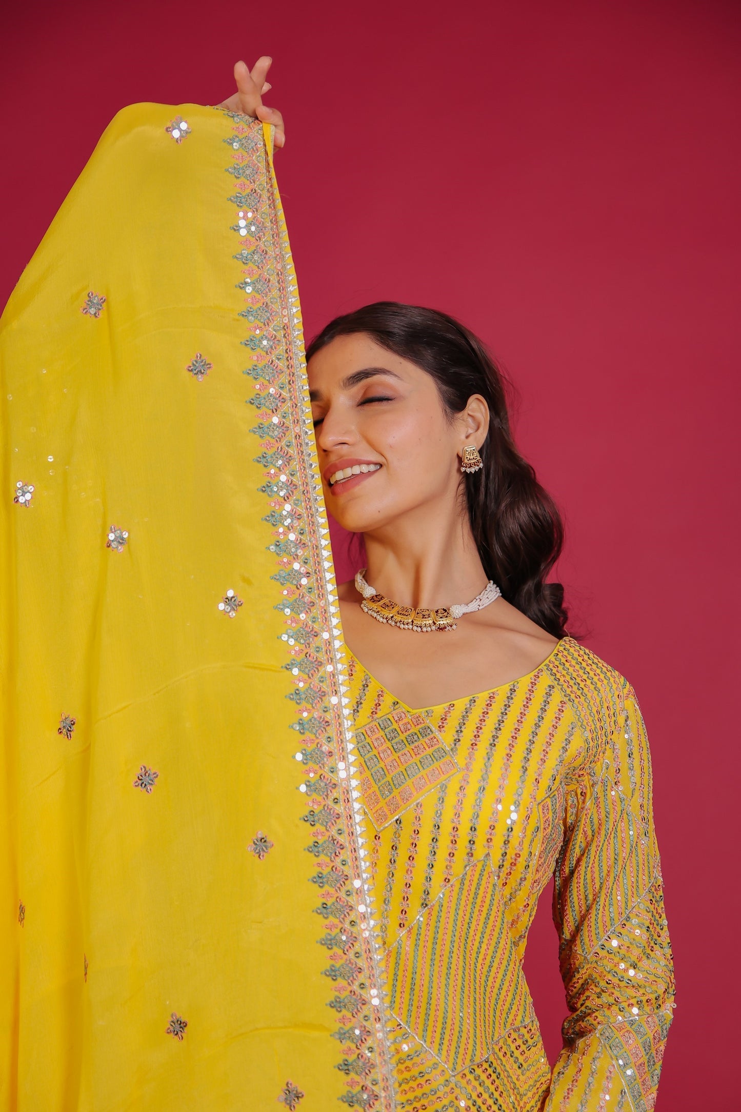 Yellow Chinnon Rashem And Sequion Embellished Kurta With Sharara And Dupatta