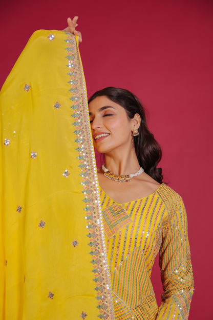 Yellow Chinnon Rashem And Sequion Embellished Kurta With Sharara And Dupatta