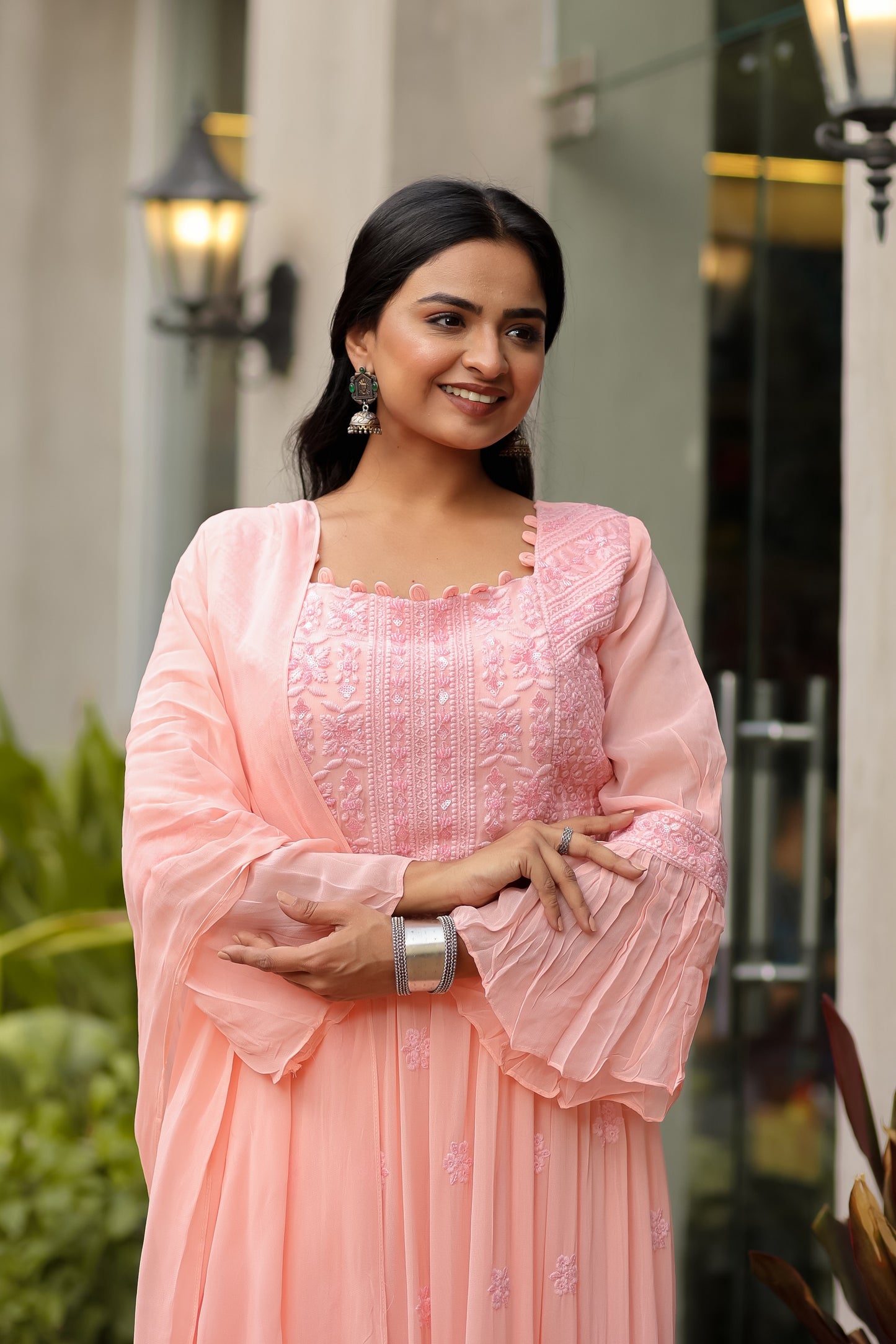 Salmon Pink Embroidered Georgette Kurta With Palazzo And Dupatta