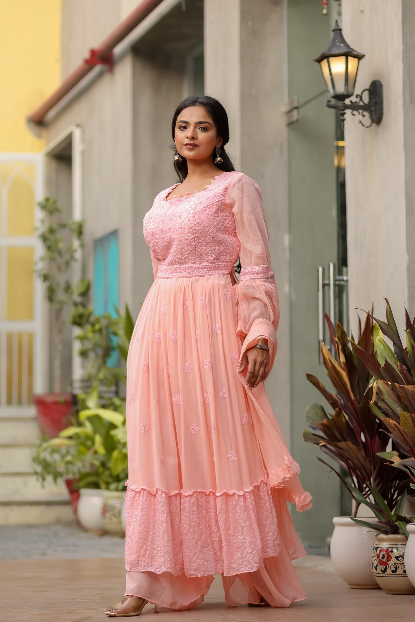 Salmon Pink Embroidered Georgette Kurta With Palazzo And Dupatta