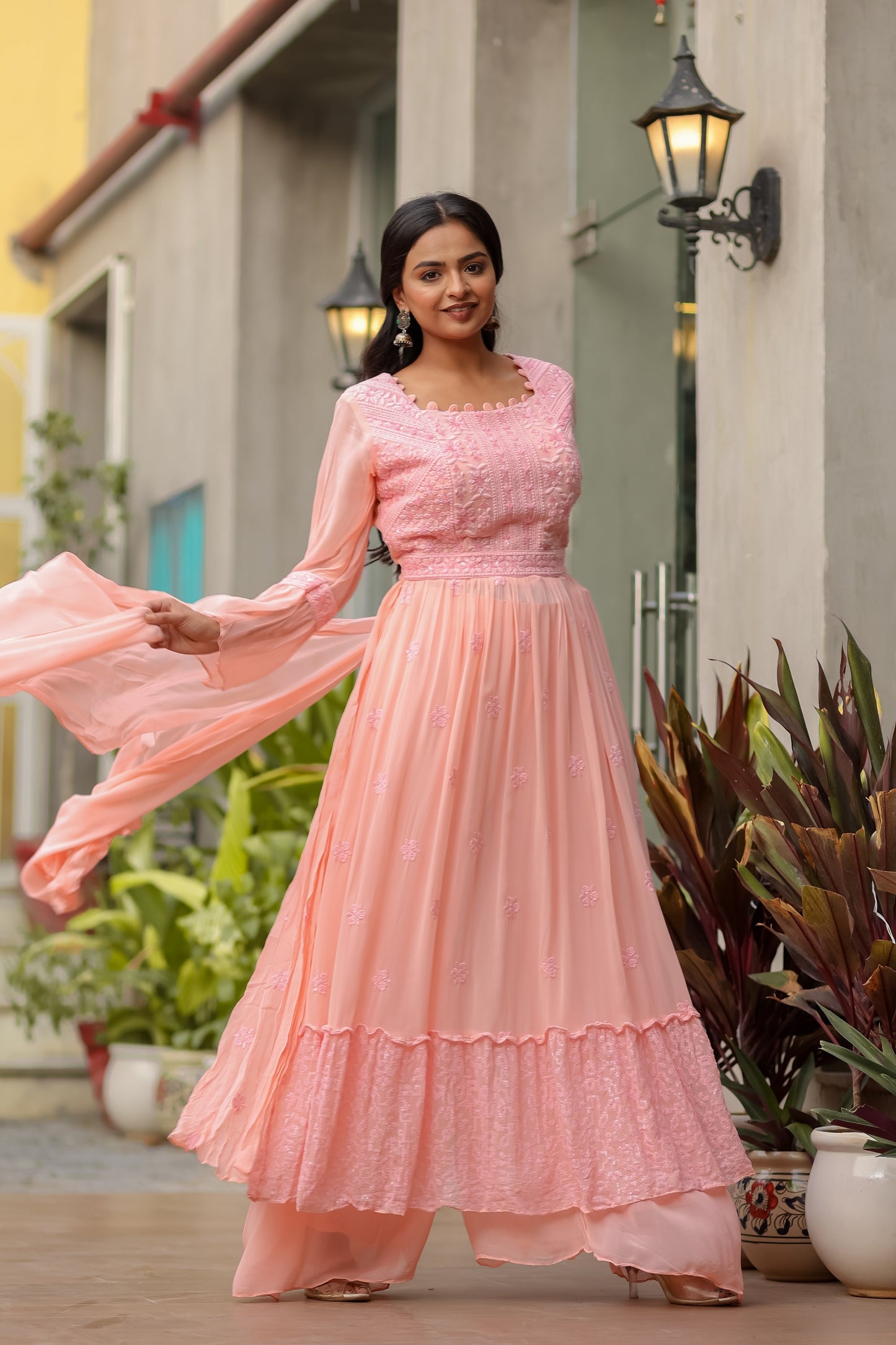 Salmon Pink Embroidered Georgette Kurta With Palazzo And Dupatta
