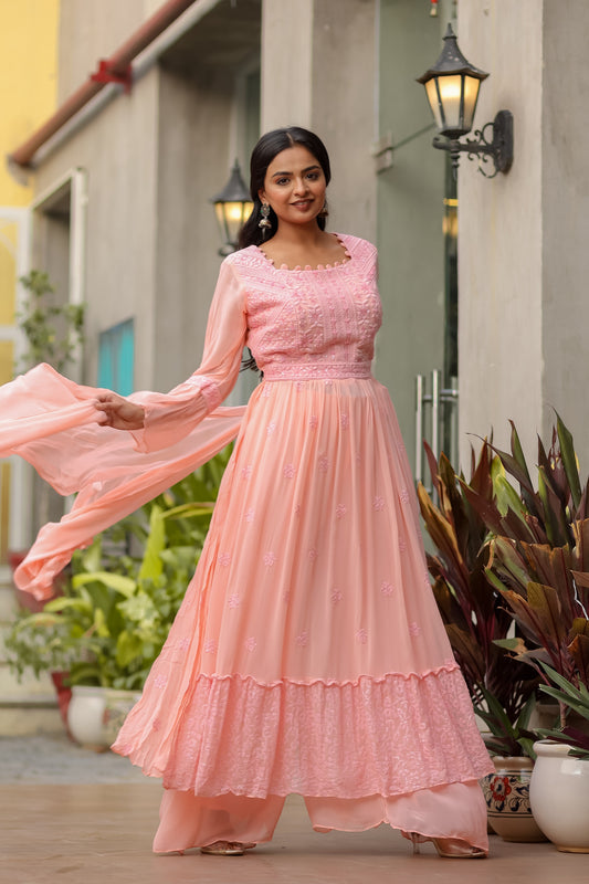 Salmon Pink Embroidered Georgette Kurta With Palazzo And Dupatta