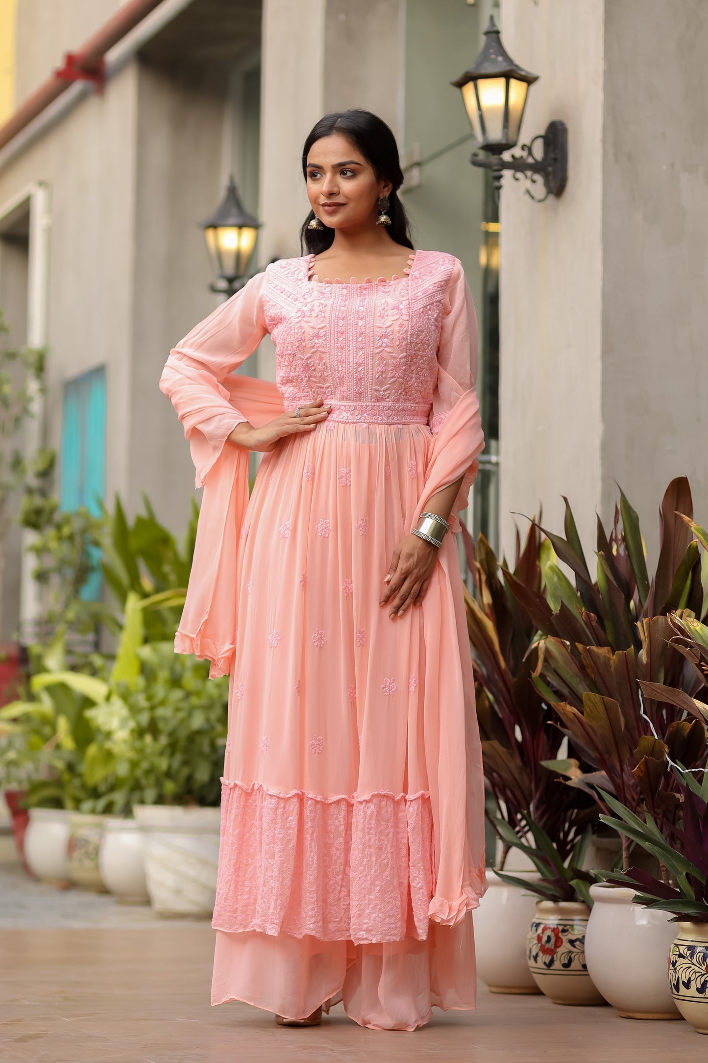 Salmon Pink Embroidered Georgette Kurta With Palazzo And Dupatta