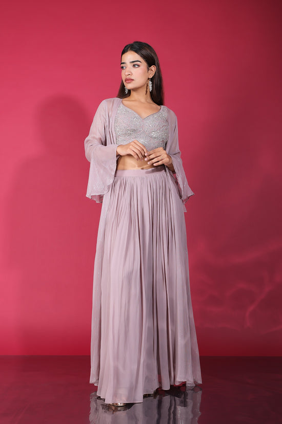 Misty Purple Sweetheart Neck Embellished Crop Top With Palazzo And Long Jacket