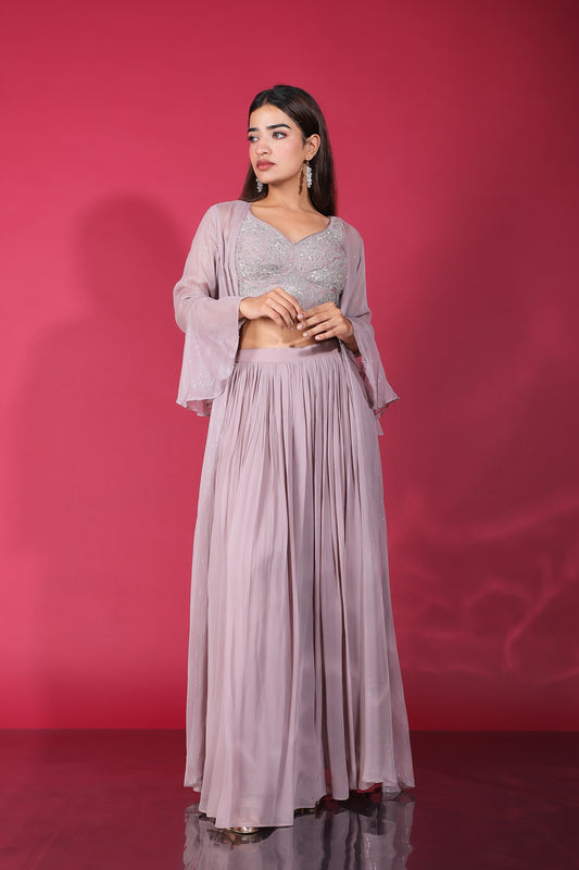 Misty Purple Sweetheart Neck Embellished Crop Top With Palazzo And Long Jacket