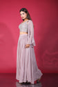 Misty Purple Sweetheart Neck Embellished Crop Top With Palazzo And Long Jacket