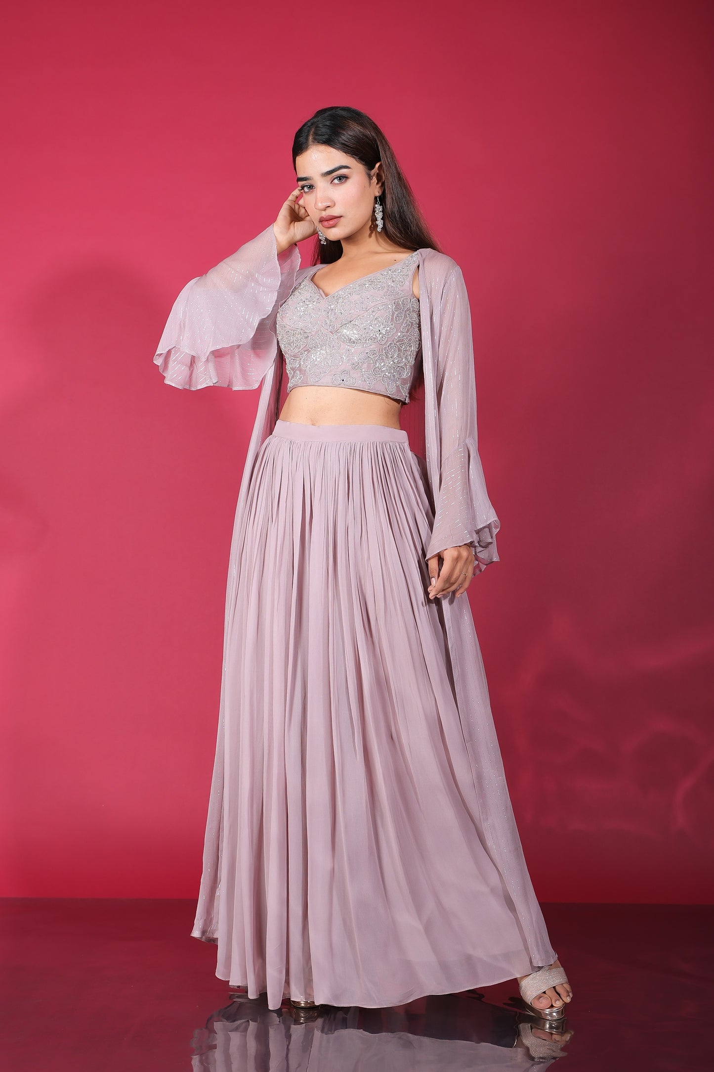 Misty Purple Sweetheart Neck Embellished Crop Top With Palazzo And Long Jacket