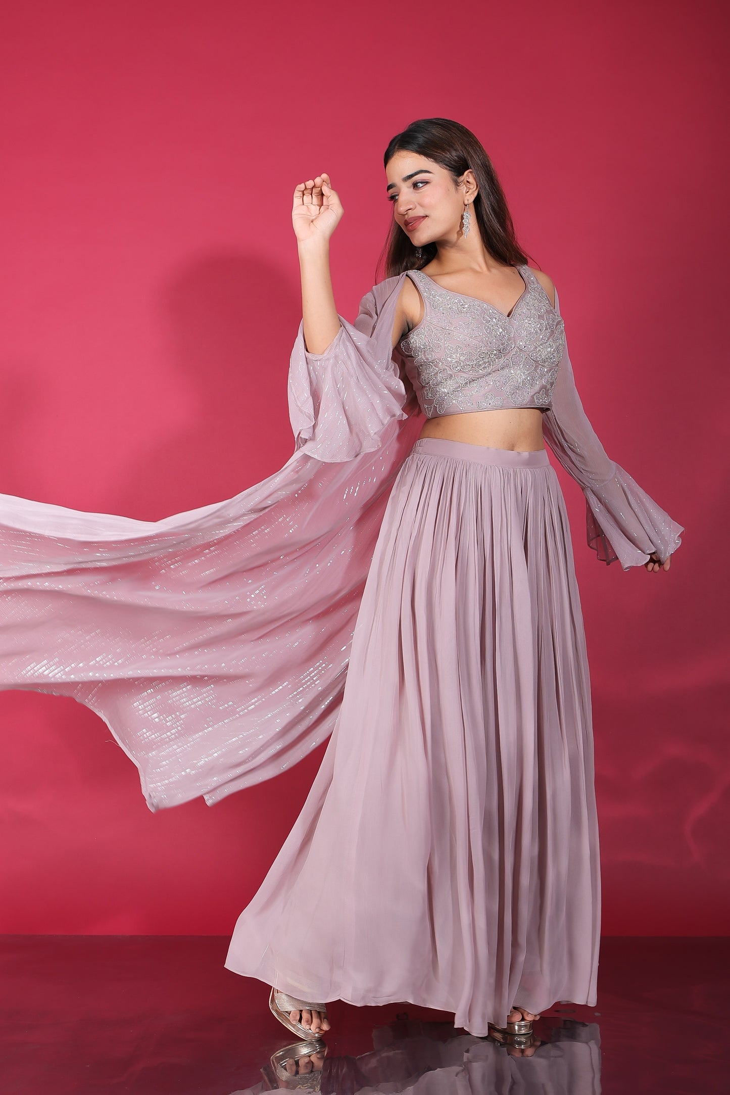 Misty Purple Sweetheart Neck Embellished Crop Top With Palazzo And Long Jacket