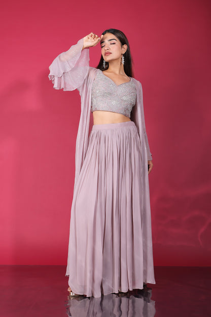 Misty Purple Sweetheart Neck Embellished Crop Top With Palazzo And Long Jacket