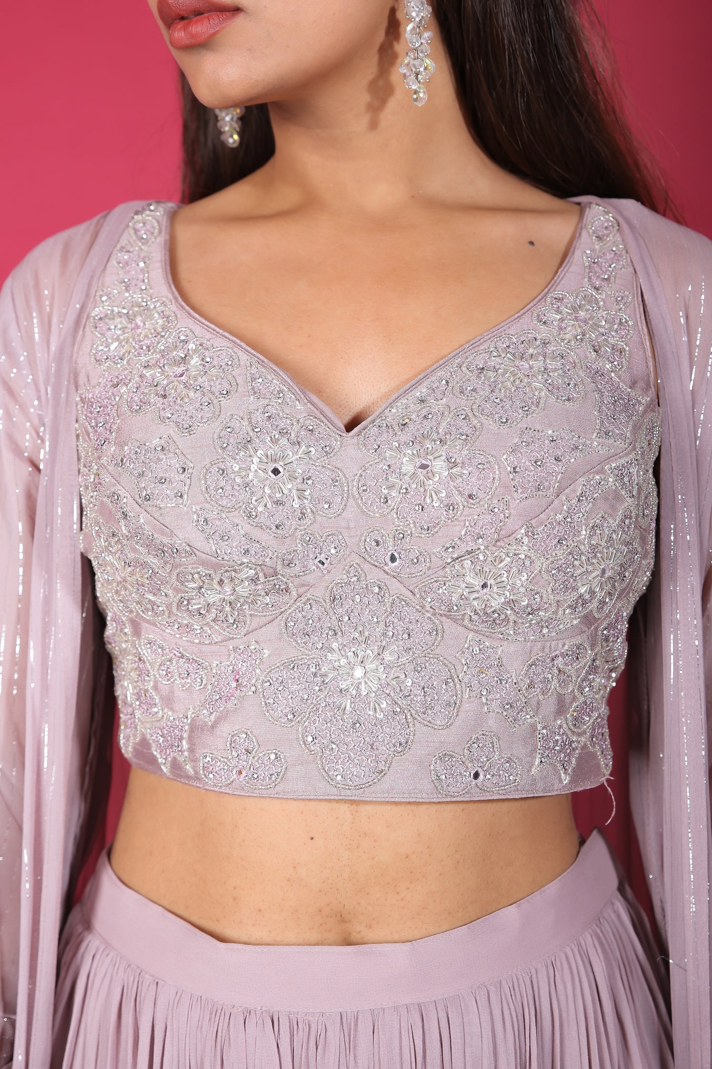 Misty Purple Sweetheart Neck Embellished Crop Top With Palazzo And Long Jacket