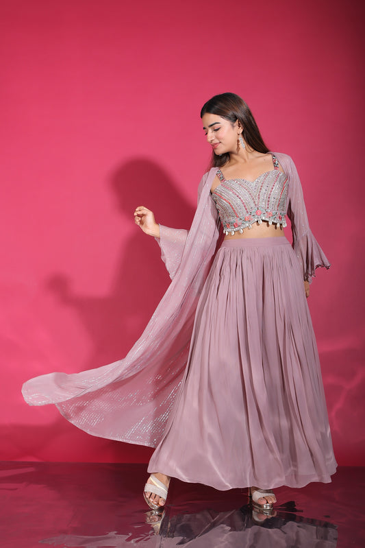 Light Plum Sweetheart Neck Abla Work Crop Top With Palazzo And Long Jacket