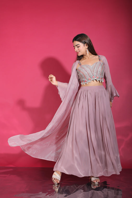 Party Wear Crop Top With Palazzo Crop Dress Shrug And Plazo