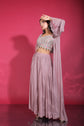 Light Plum Sweetheart Neck Abla Work Crop Top With Palazzo And Long Jacket