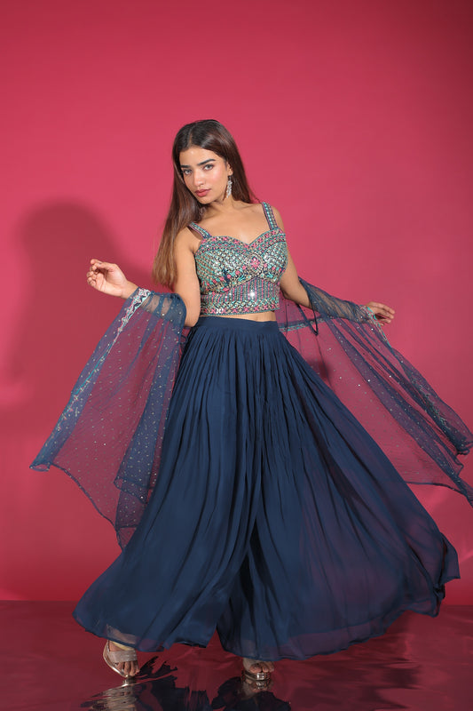 Space Blue Zari And Abla Work Crop Top With Palazzo And Shrug