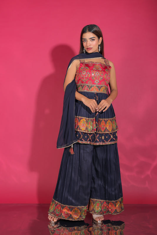 Royal Blue Ikat And Zari Woven Peplum Top With Palazzo And Dupatta
