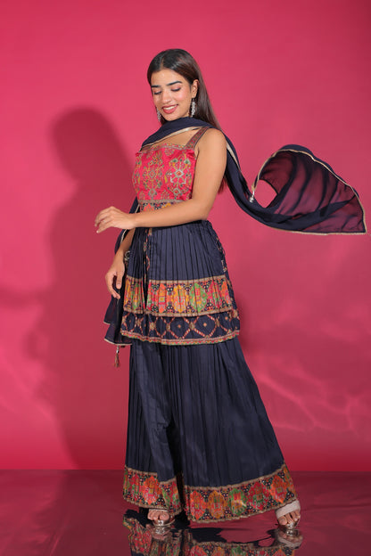 Royal Blue Ikat And Zari Woven Peplum Top With Palazzo And Dupatta