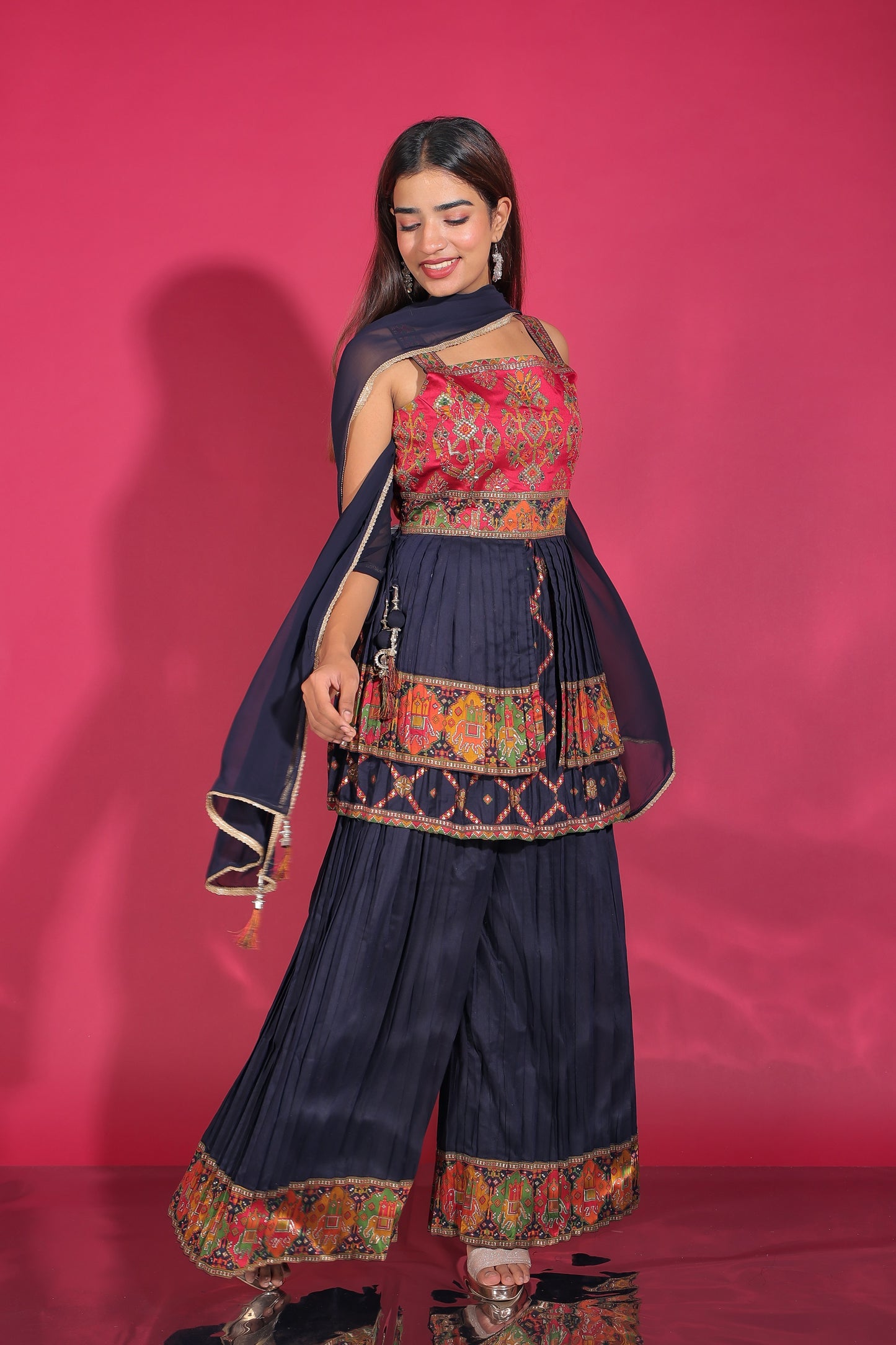 Royal Blue Ikat And Zari Woven Peplum Top With Palazzo And Dupatta