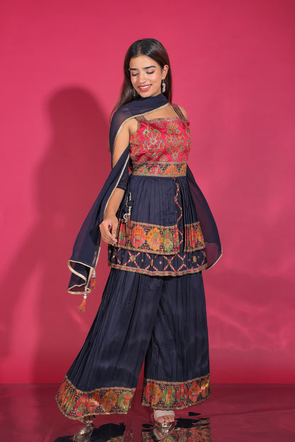 Royal Blue Ikat And Zari Woven Peplum Top With Palazzo And Dupatta