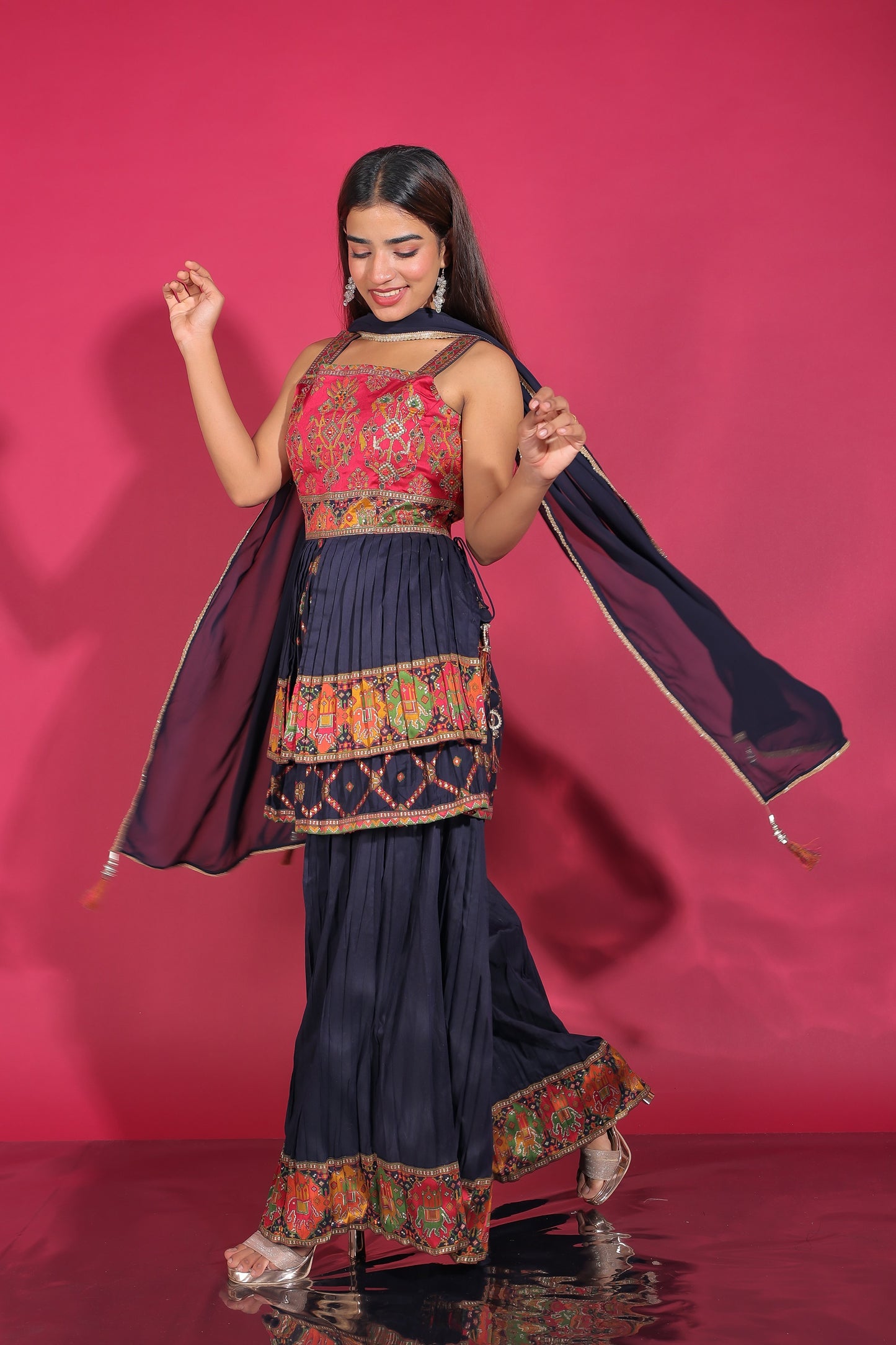 Royal Blue Ikat And Zari Woven Peplum Top With Palazzo And Dupatta