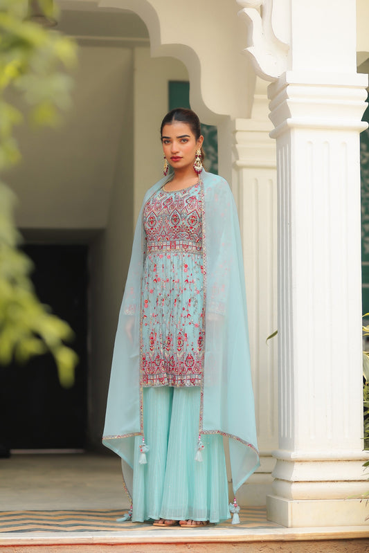 set peplum  peplum top with sharara set  sharara and peplum top  peplum top and trouser set  peplum 2 piece set  peplum top and pants set  peplum top and sharara set  peplum top and dupatta set  peplum top set  Peplum Set  Palazzo Set