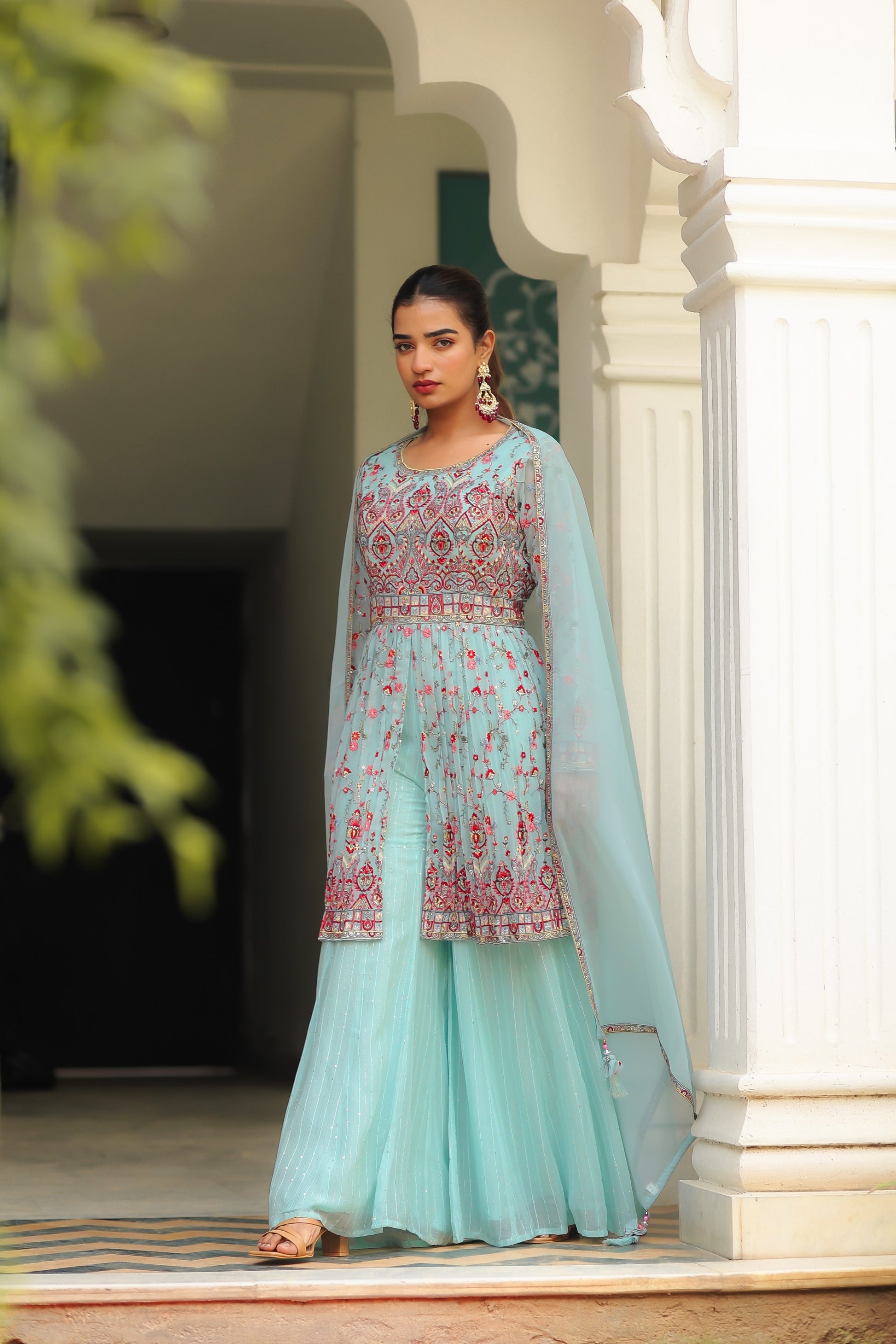 set peplum  peplum top with sharara set  sharara and peplum top  peplum top and trouser set  peplum 2 piece set  peplum top and pants set  peplum top and sharara set  peplum top and dupatta set  peplum top set  Peplum Set  Palazzo Set