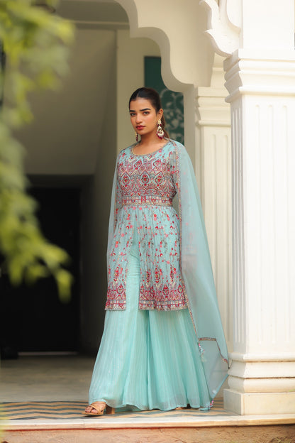 set peplum  peplum top with sharara set  sharara and peplum top  peplum top and trouser set  peplum 2 piece set  peplum top and pants set  peplum top and sharara set  peplum top and dupatta set  peplum top set  Peplum Set  Palazzo Set
