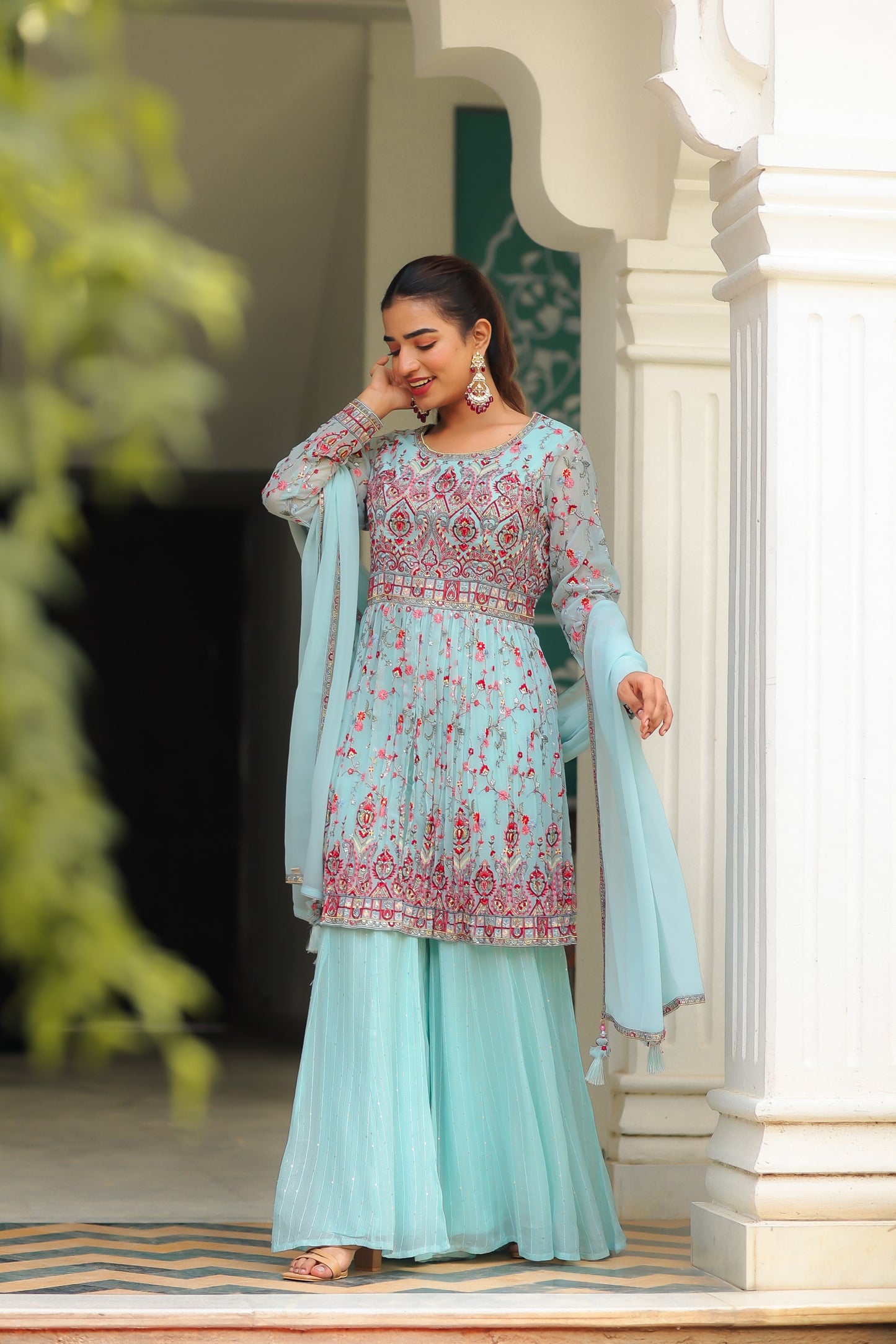 set peplum  peplum top with sharara set  sharara and peplum top  peplum top and trouser set  peplum 2 piece set  peplum top and pants set  peplum top and sharara set  peplum top and dupatta set  peplum top set  Peplum Set  Palazzo Set