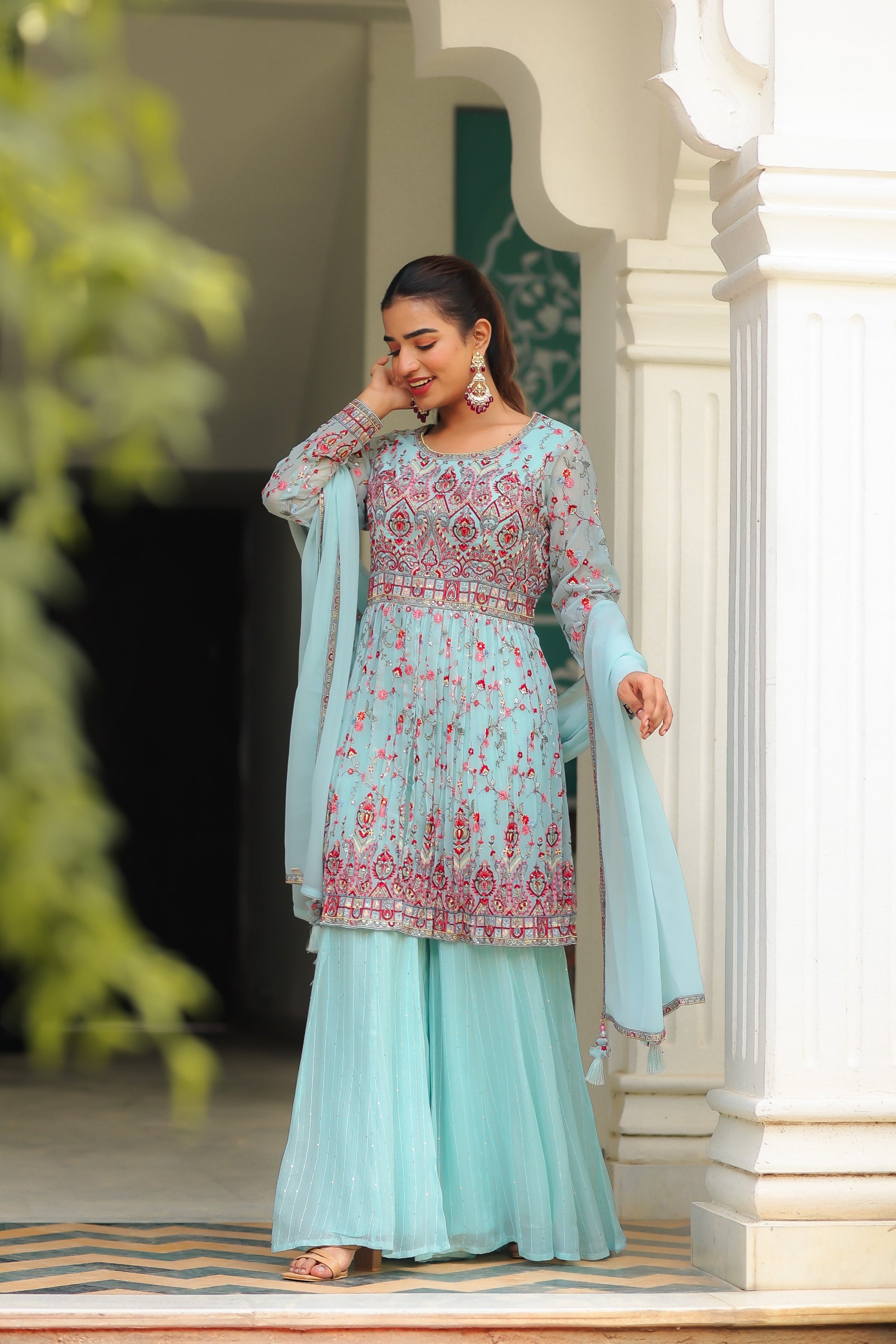 set peplum  peplum top with sharara set  sharara and peplum top  peplum top and trouser set  peplum 2 piece set  peplum top and pants set  peplum top and sharara set  peplum top and dupatta set  peplum top set  Peplum Set  Palazzo Set
