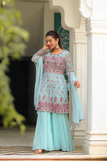 set peplum  peplum top with sharara set  sharara and peplum top  peplum top and trouser set  peplum 2 piece set  peplum top and pants set  peplum top and sharara set  peplum top and dupatta set  peplum top set  Peplum Set  Palazzo Set