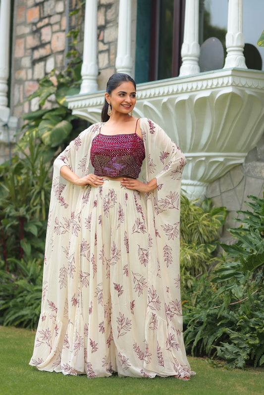 Cream And Maroon Georgette Sharara Set With Shurg