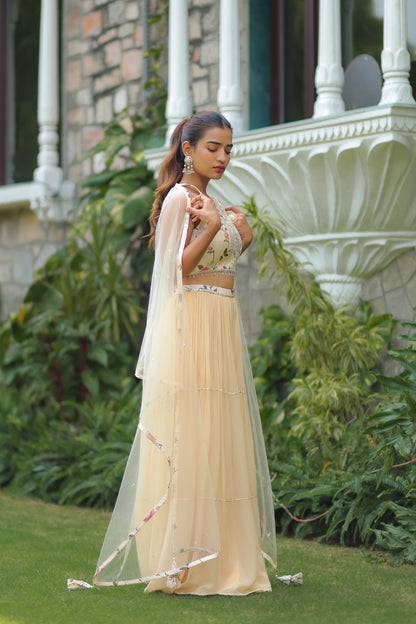 Light Beige Colour Floral Printed Halter Neck Sharara Set