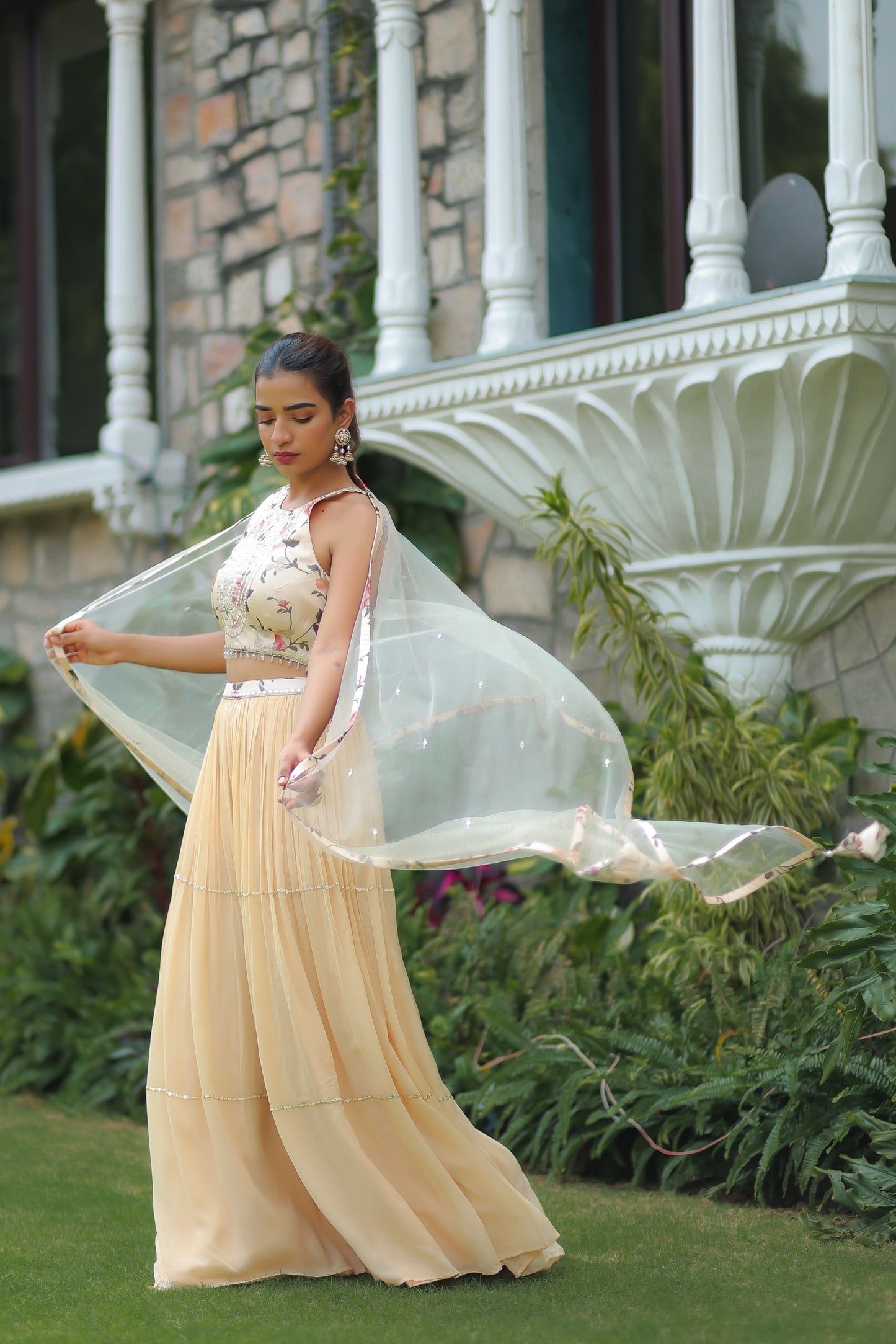 Light Beige Colour Floral Printed Halter Neck Sharara Set