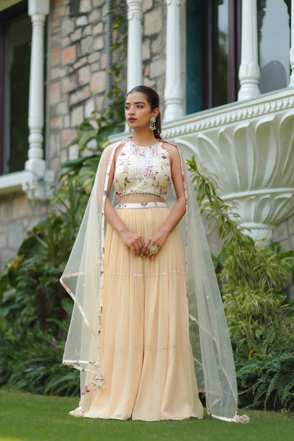 Light Beige Colour Floral Printed Halter Neck Sharara Set