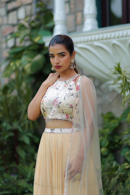 Light Beige Colour Floral Printed Halter Neck Sharara Set