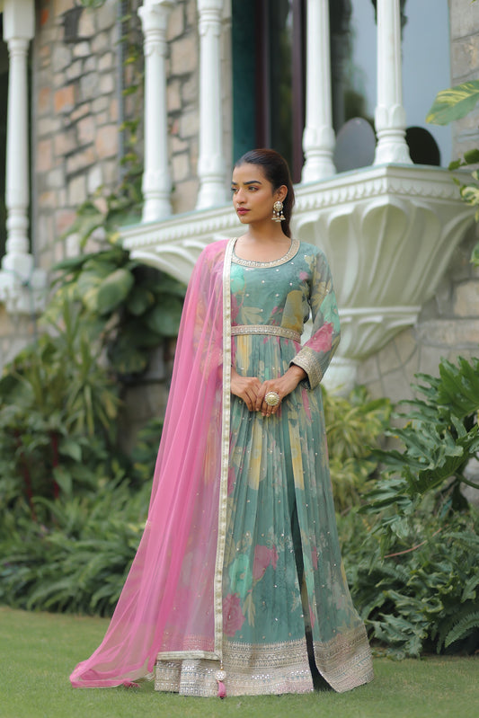 Sap Green Floral Printed Anarkali Set With Belt