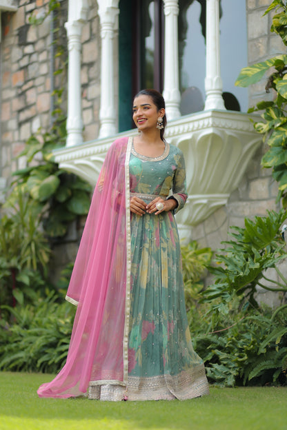 Sap Green Floral Printed Anarkali Set With Belt