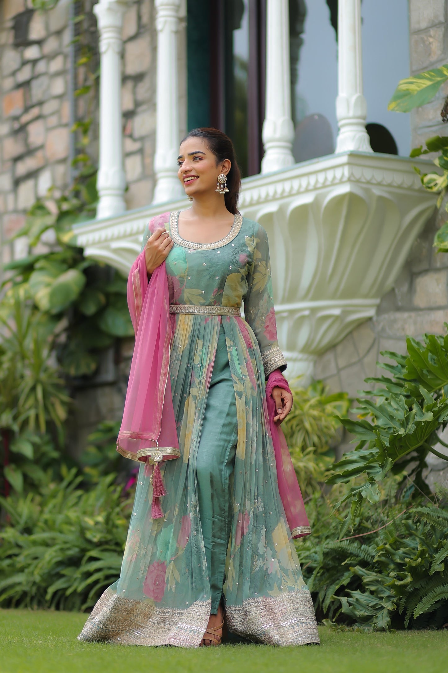 Sap Green Floral Printed Anarkali Set With Belt