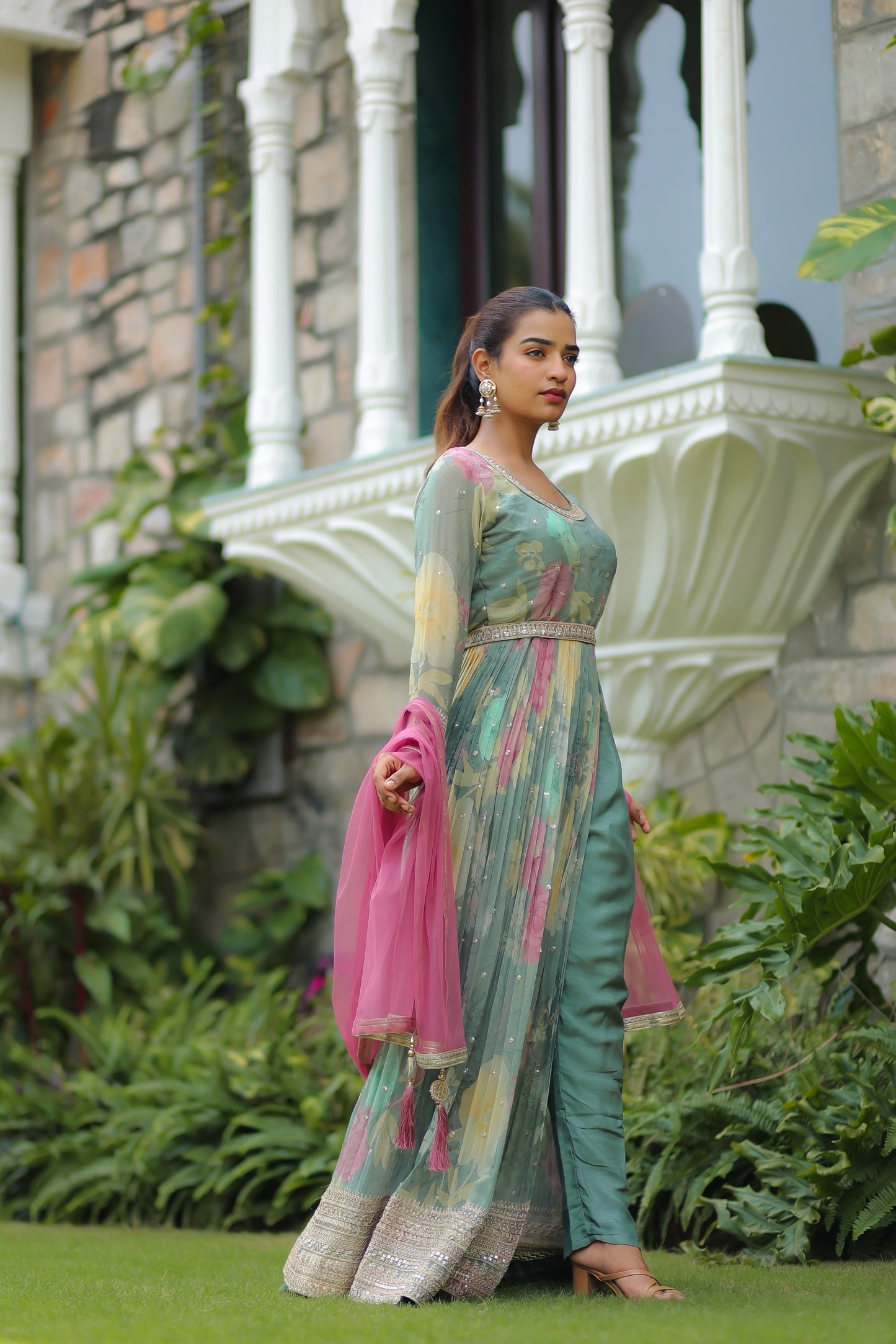 Sap Green Floral Printed Anarkali Set With Belt