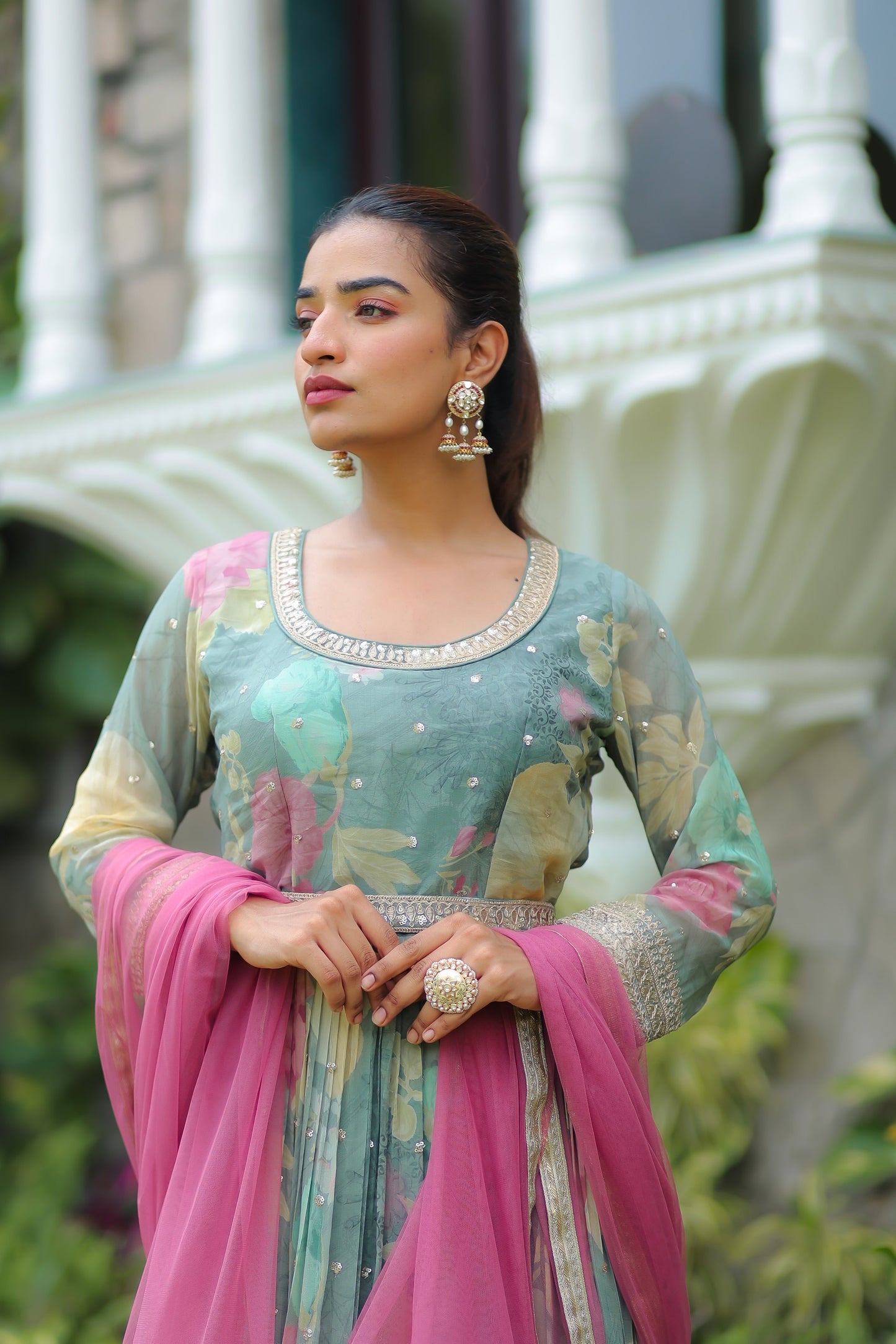 Sap Green Floral Printed Anarkali Set With Belt