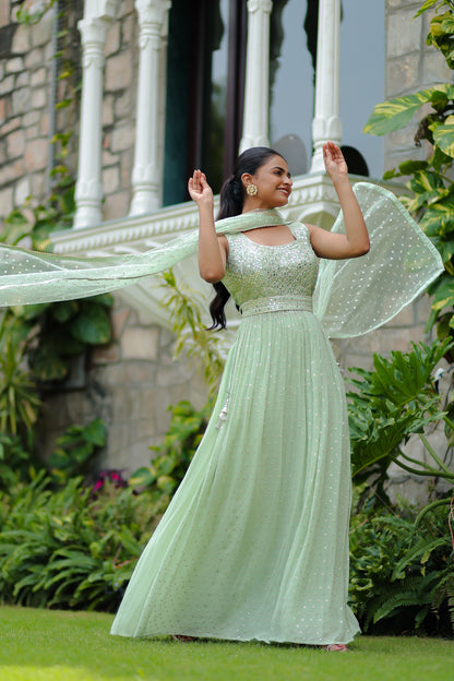 Pastel Green Kurta With Side Slit Set Adorned With Embellishments