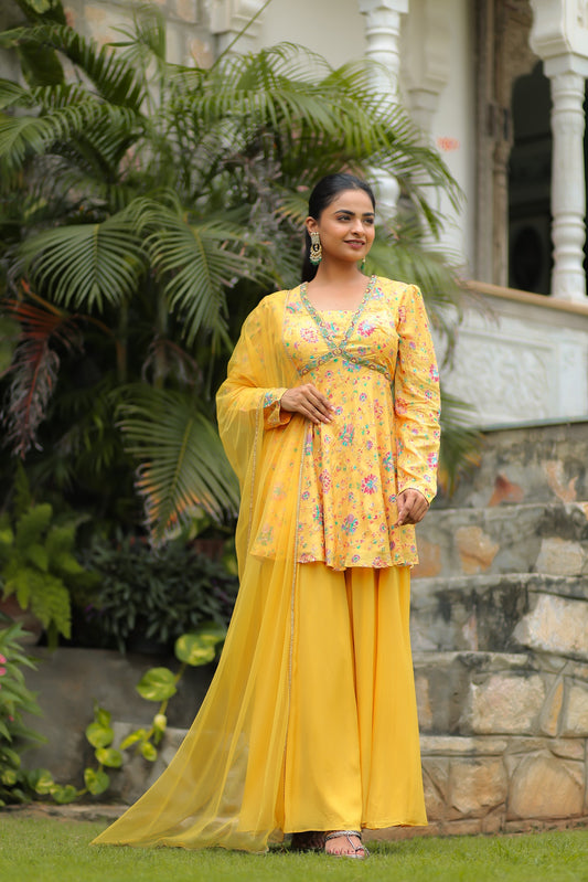 Chrome Yellow Dola Silk Floral Printed Peplum Top Set With Embellishments